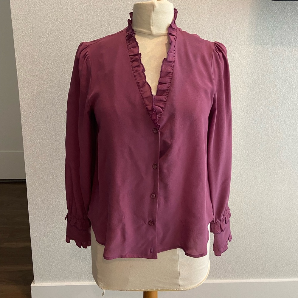 Lavender Brown Vintage Silk Ruffled V-Neck Blouse - Mauve